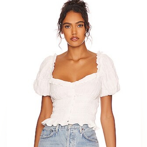 Astr The Label Anza White Puff Sleeve Smocked Milkmaid Peasant Top Large NWOT - Picture 10 of 10